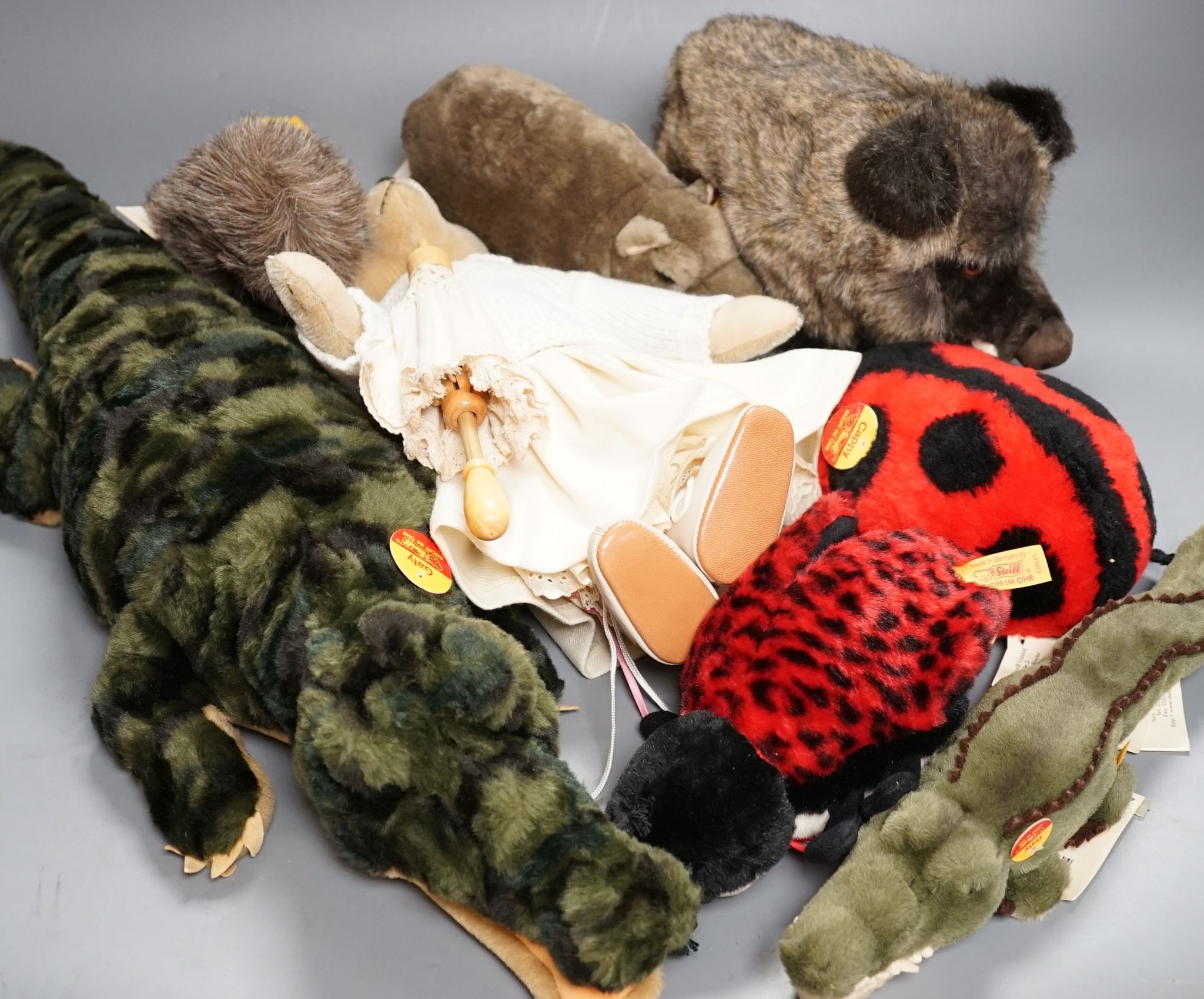 Seven Steiff animals including two 'Gaty', all post-war, and a 'Nora' bear Limited Edition with parasol